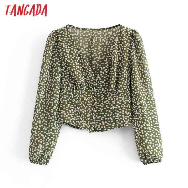 

women vintage green dots print chiffon french style chic female crop shirt 6m8 210416, White