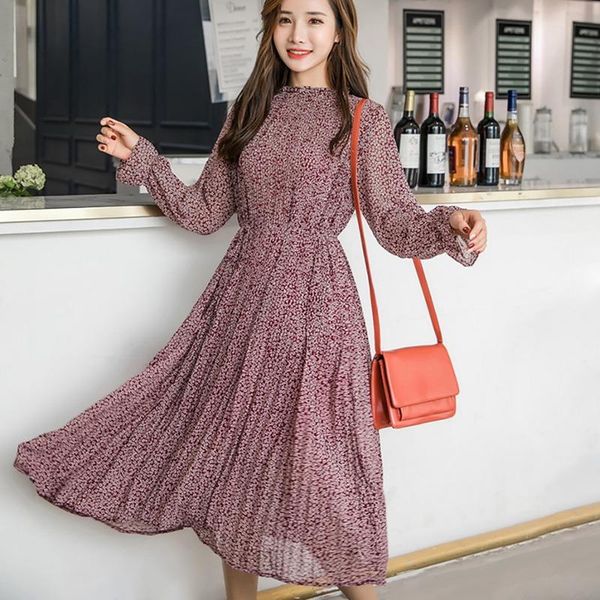 

casual dresses women elegant floral print collar dress full sleeve elastic slim waist spring autumn a-line seller reccomend y5, Black;gray