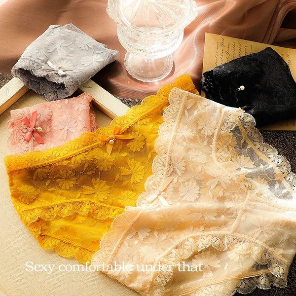

women's panties japanese style underwear lace fashion comfort transparent briefs mid waist seamless underpants female lingerie, Black;pink