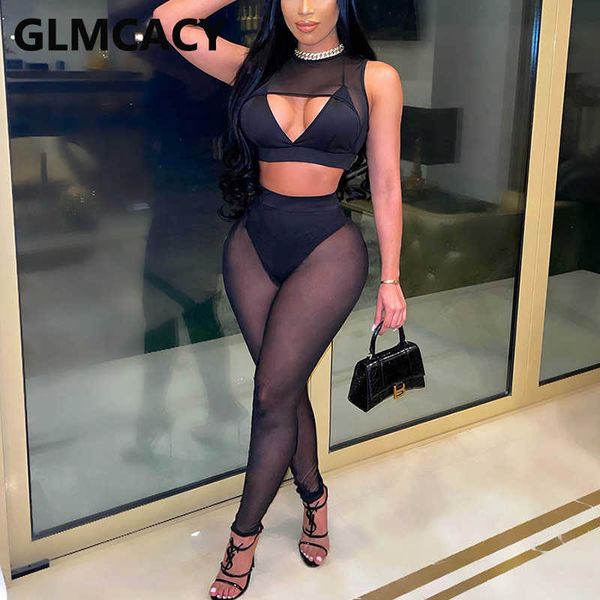 

two piece mesh suits sleeveless crop & see through skinny pants set 210702, White