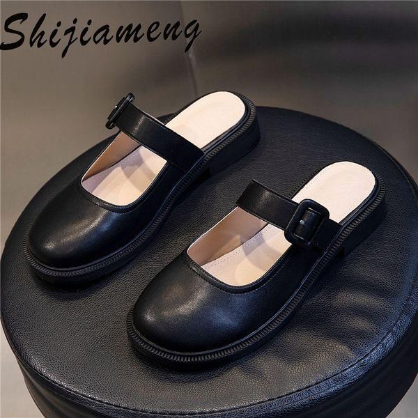 

leather half support shoes women's summer 2021 fashion casual fairy wind one foot with baotou slippers, Black