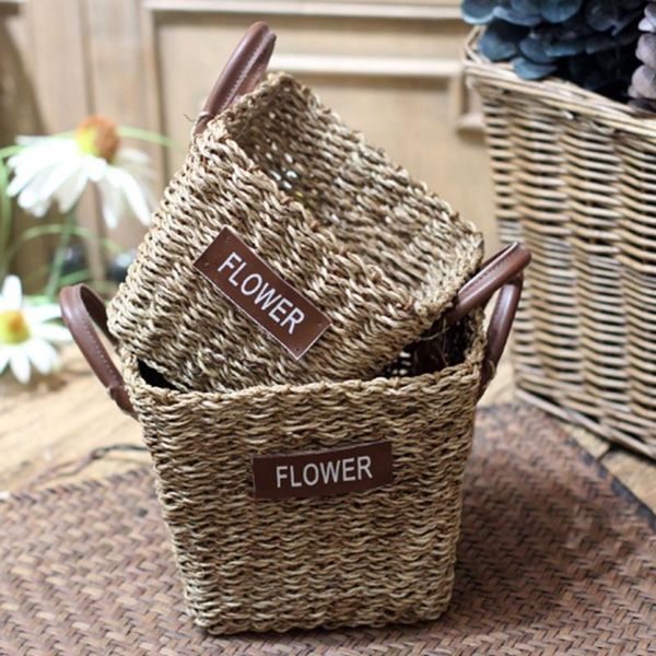 

2-piece hand-woven flower basket floral rope and straw home storage baskets