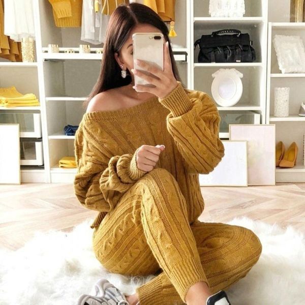 

autumn cotton tracksuit women 2 piece set sweater pants knitted suit o-neck knit outwear two dress, White