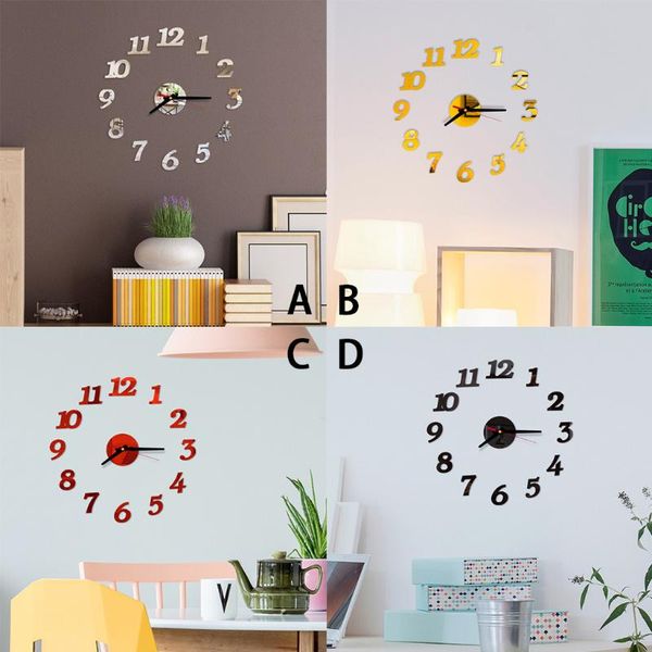 

frameless diy wall mute clock 3d mirror surface sticker home office decor modern design quartz needle clocks