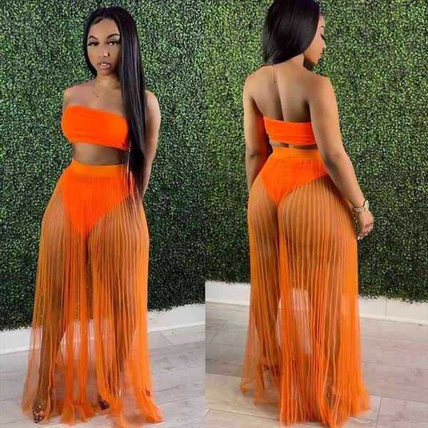 

sheer mesh beachwear 3 piece matching set summer outfit off shoulder crop pleated through maxi skirt swimsuit tracksuit, Gray
