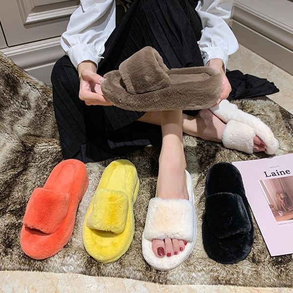 

slippers casual shoes fur flip flops slides platform flock slipers women luxury plush flat soft 2021 rubber rome with, Black