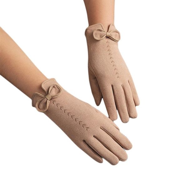 

five fingers gloves 50le women winter cute bowknot touch screen outdoor driving windproof thicken plush lined leaves embroidery full finger, Blue;gray