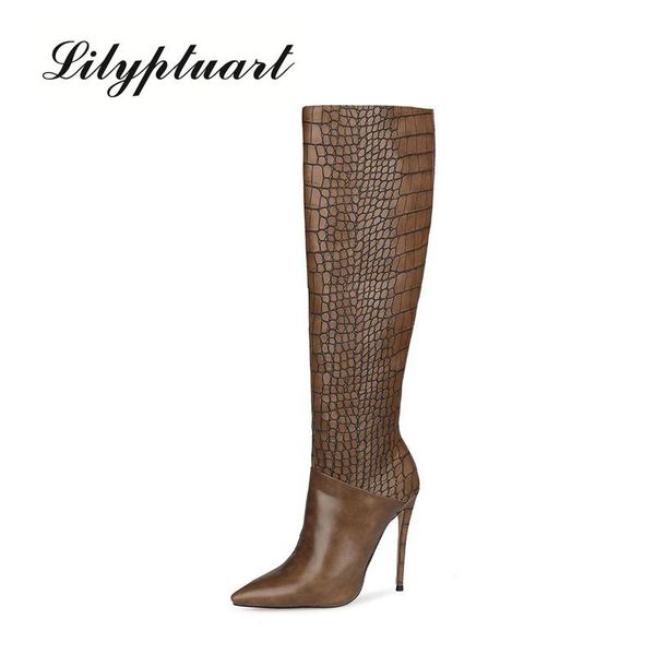 

boots 2021 european and american retro women's foot-knee pointed toe stiletto heel brown crocodile pattern shoes, Black