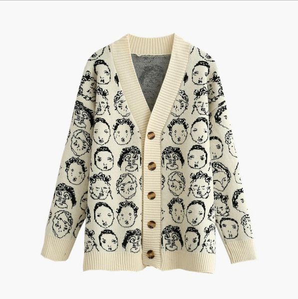 

women's knits & tees female loose knitted jackets warm printing women winter autumn cardigans knit v neck k1406, White
