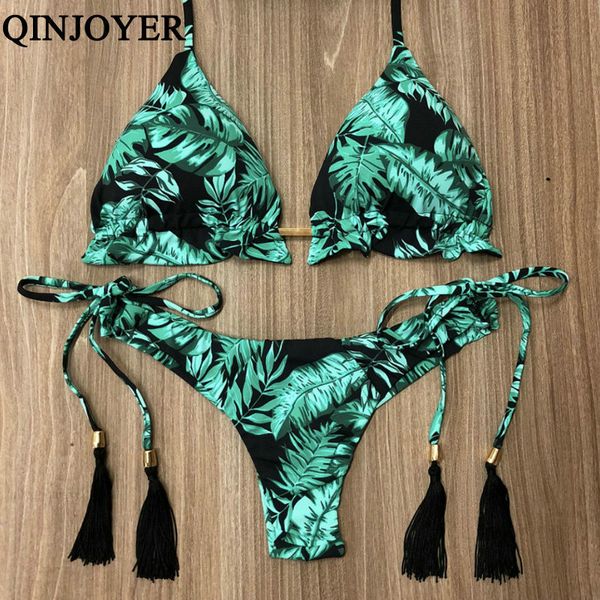 

thong swimwear women 2021 micro string padded brazilian halter bikini bandage tropical plant print swimsuit, White;black