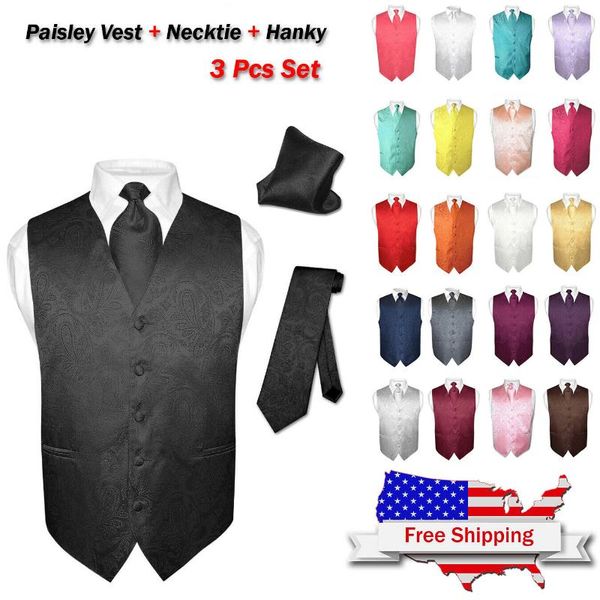 

men's vests vest dress tie suit tuxedo paisley design waistcoat handkerchief 3-piece set, Black;white