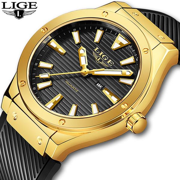

wristwatches lige fashion men's watches silicone strap military sport watch for men waterproof gold quartz wristwatch clock relogio mas, Slivery;brown