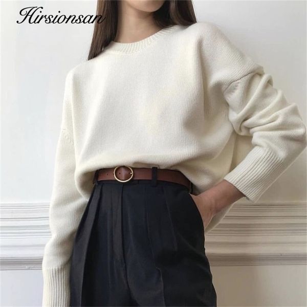 

hirsionsan winter oversized sweater women elegant knitted basic pullovers o neck loose soft female cashmere jumper 210908, White;black