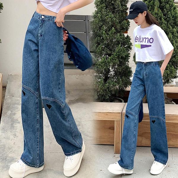 

women's jeans straight leg pants loose street personality denim trousers women 2021 cowgirl temperament high waist, Blue