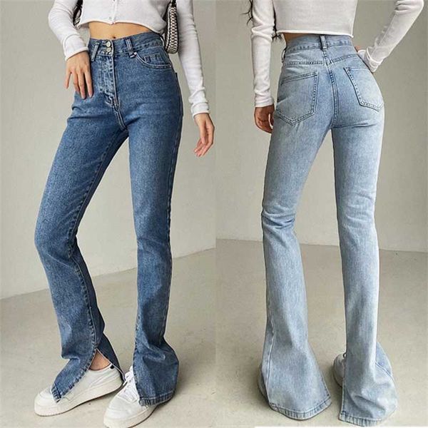 

women jeans distressed skinny denim pants slim high waist femme flare stacked mom straight leg vaqueros mujer split vintage y2k 210927, Blue