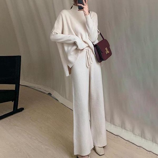 

women's two piece pants loose three set women round collar long sleeve turtleneck sleeveless vest high waist trouser solid suit female, White