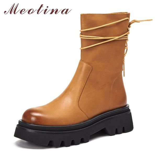 

meotina women mid calf boots shoes real leather platform high heel boots zipper cross tied block heels female boots brown 33 40 210520, Black