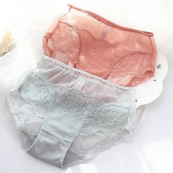 

women's panties s802 seamless lace mesh breathable and comfortable mid-high waist briefs ladies underwear, Black;pink