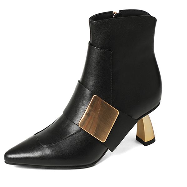 

baekhyun luxury women ankle boot autumn winter plus velvet pointed toe heterosexual high-heel metal buckle fashion chelsea boot, Black