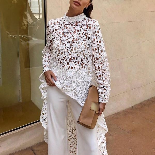 

women lace hollow out shirts long sleeve irregular stand collar female loose blouses 2021 summer lady elegant solid beach, White