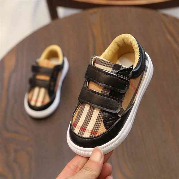 3-8 Jahre Mode Plaid Weiße Schuhe Jungen Schuhe Kleinkind Mädchen Junge Turnschuhe PU Leder Lässige Kinder Kinder Outfit Koreanische Schuhe 210329