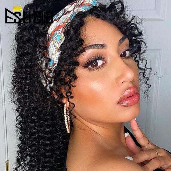 

lace wigs headband wig for women afro kinky curly human hair with bangs 180 density brazilian remy 100%, Black;brown