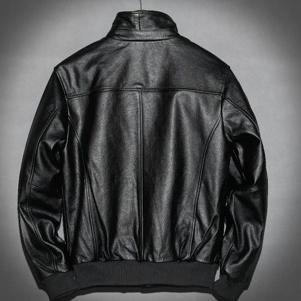

men's leather & faux fashion mens cowhide pilot bomer jacket office work casual outwear coat male pocket slim flight genuine, Black