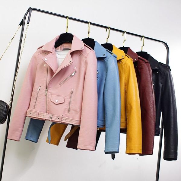

leather women lapel slim pu jacket short motorcycle fashion high waist coat women's & faux, Black