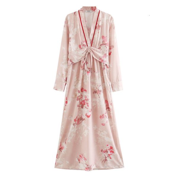 

casual dresses women floral print evening party 2021 new v-neck ruched sashes long sleeve spring summer boho holiday maxi a4h3, Black;gray
