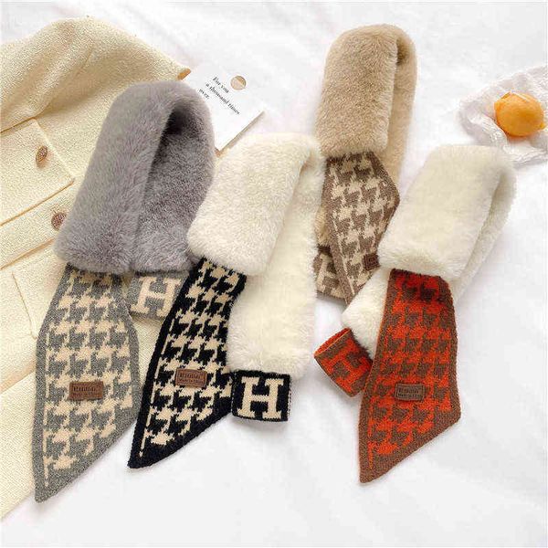 

scarves 2022 korean version knitted warm imitation rabbit hair bib women's autumn and winter thousand bird grid splicing cross wool sca, Blue;gray