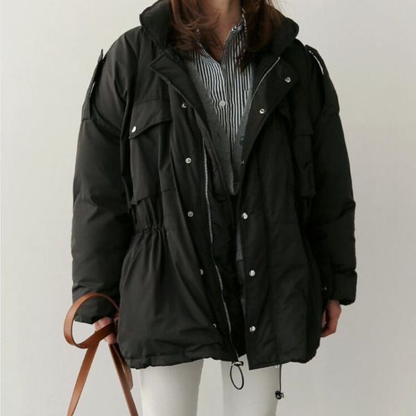 

winter coat women ol formal loose stand collar thicken warm drawstring tooling padded jacket outwear parkas 210421, Black