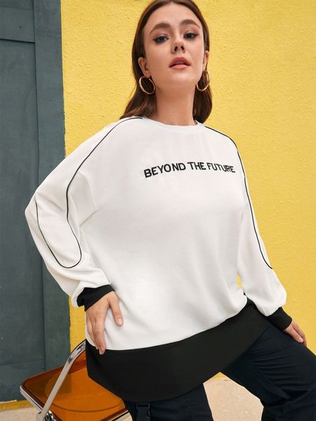

plus slogan embroidery contrast trim drop shoulder sweatshirt p73g#, Black