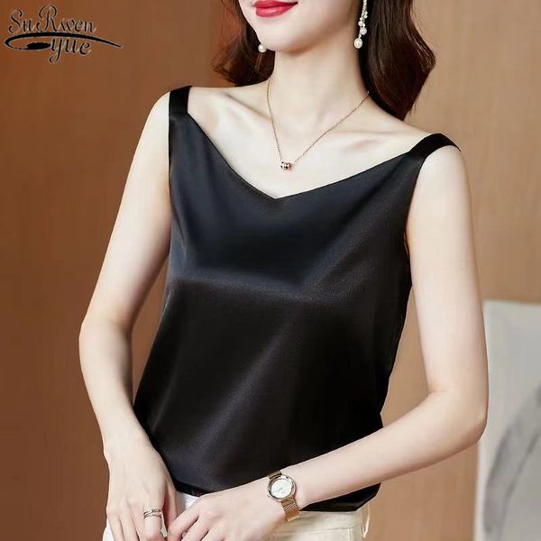 

summer shirt v-neck satin camisole women sleeveless bottoming ice silk office lady style female 13860 210417, White