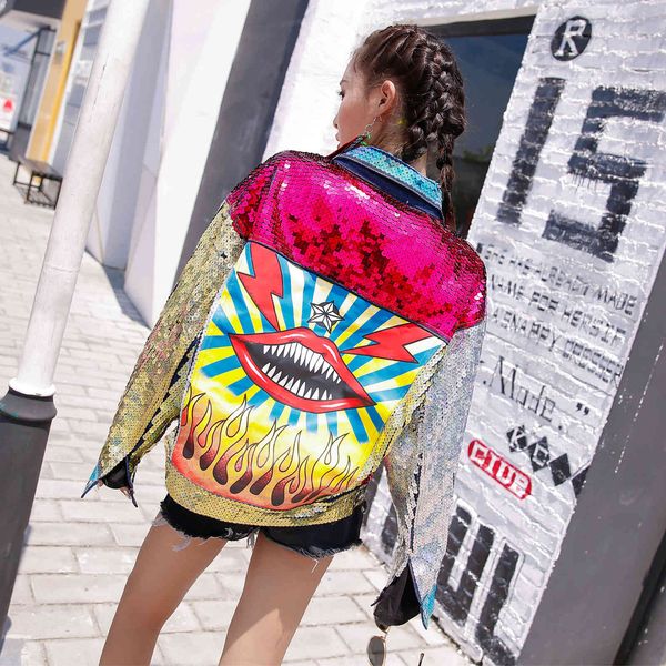 

jackets spring thai tide brand ladies personality color sequin loose long-sleeved denim jacket coat, Black;brown