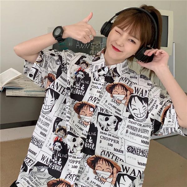 

women's blouses & shirts summer women shirt harajuku style cartoon print street fashion short-sleeved single-row multi-button 7114#, White
