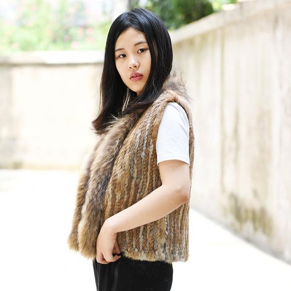 

women's vests cx-g-b-118d colors knitted real fur vest raccoon collar trim hand coat natural style, Black;white