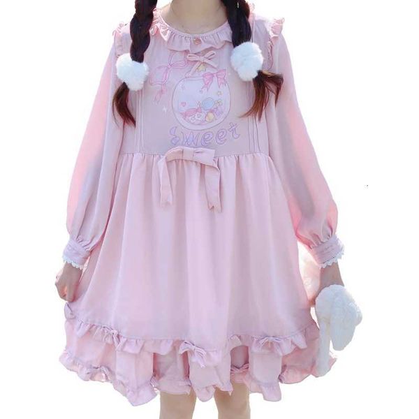 

party dresses spring lolita kawaii chiffon dress women soft girls japan cute ruffle long sleeve casual sweet teens pink princess, White;black