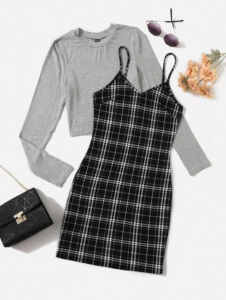 

solid & plaid print cami dress l0b7#, White