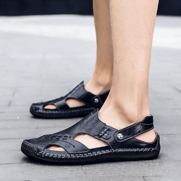 

sandals man's 2021 fashion summer shoes for men quality leather flats zapatos hombre male shoe breathable sandalias, Black