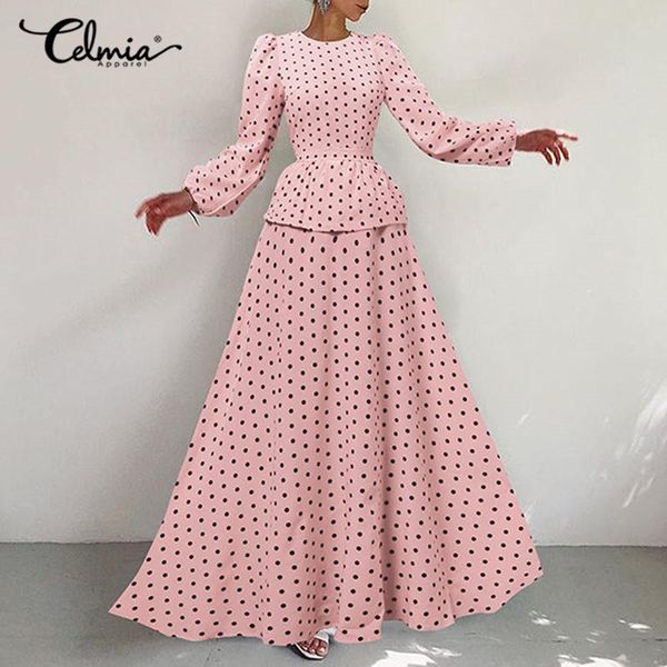 

casual dresses celmia 2021 elegant party long dress women bohemian polka dot puff sleeve ruffles layer maxi sundress fashion vestidos, Black;gray