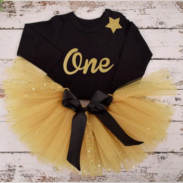 

baby girl gold/black birthday tutu outfit fashion 1st party costume toddler po props cake smash clothing sets, White
