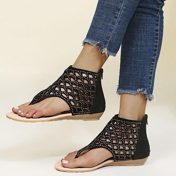 

sandals women's summer rhinestone hollow zipper beach open toe breathable shoes fashion slides women chaussure 2021, Black