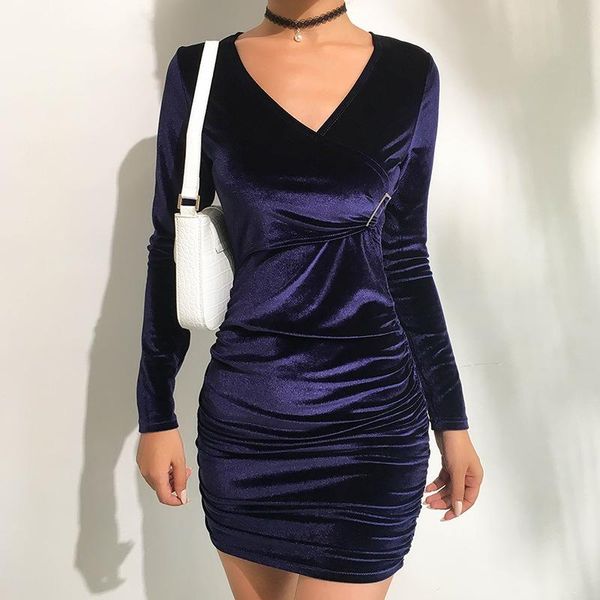 

casual dresses velvet mini women's 2021 autumn and winter fashion dark blue warm slim v-neck bodycon women dress party night, Black;gray