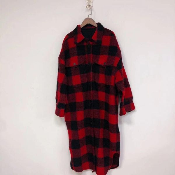 

women's wool & blends 2021 spring and autumn loose wild classic check pocket long sleeve lapel woolen coat women, Black