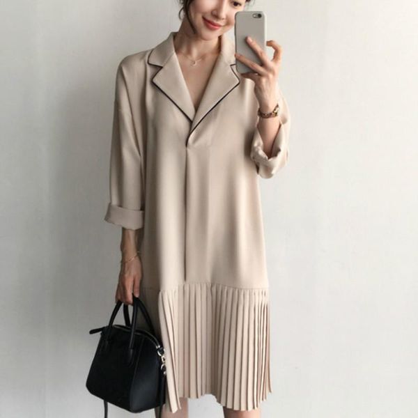 

casual dresses spring autumn vintage loose dress women elegant chic notched collar pleated patchwork female long sleeve vestidos, Black;gray