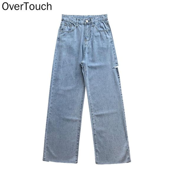

women's jeans plus size women pants hole denim fashion high female wide leg ripped pockets blue trousers large 4xl