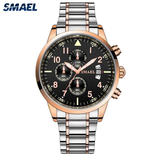 

wristwatches smael fashion watches for men easy-read dial chronograph quartz modern man clock with stainless steel strap 9132, Slivery;brown