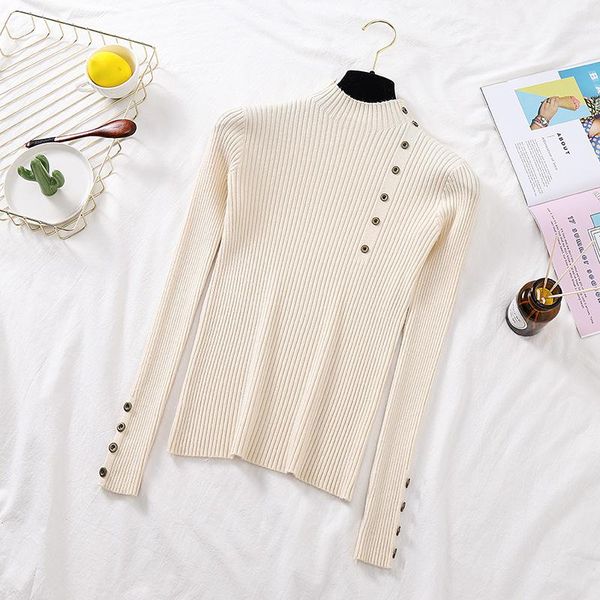 

women's sweaters 2021 ladies autumn knitted slim jersey for women cotton soft elastic jumper pullovers button long sleeve stand collar, White;black