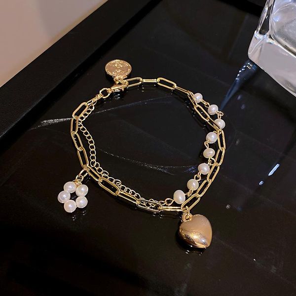 

hip hop cool double layered linked chain bracelets for women gold color metal heart flower pendants charm bracelet jewelry link,, Black