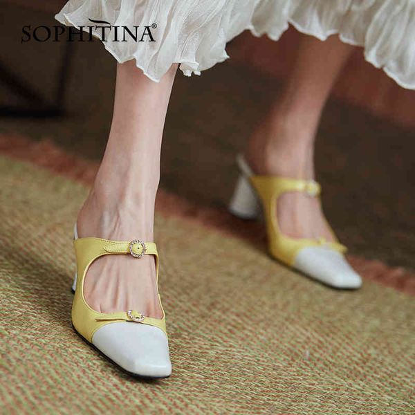 

sophitina retro fashion slippers female color matching round heel square toe shoes buckle women's leather shoes ao508 210513, Black